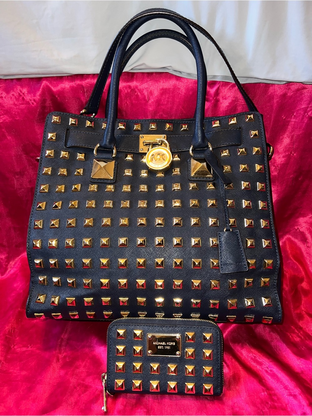 Michael Kors Rare Navy Studded Hamilton Bag + Matching wallet Wristlet